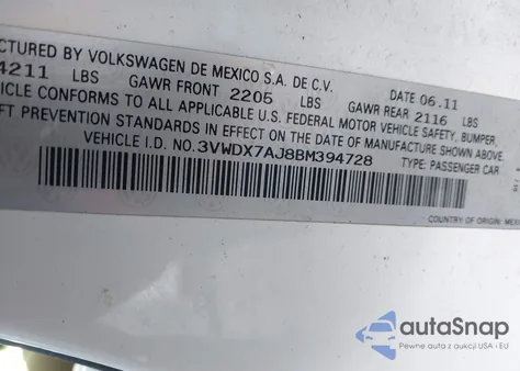 2011 Volkswagen Jetta 2.5L Se z USA, uszkodzony, nr VIN 3VWDX7AJ8BM394728